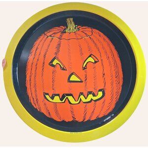 Vintage Halloween Metal Tray With Pumpkin Design - 13" Round - Made In Hong Kong